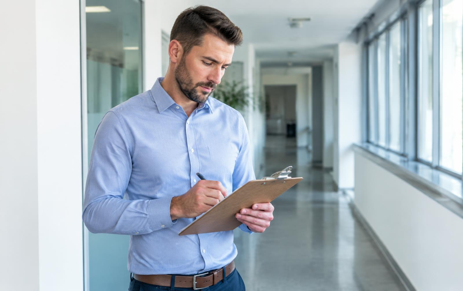 Facility manager reviewing a response plan checklist in an office hallway