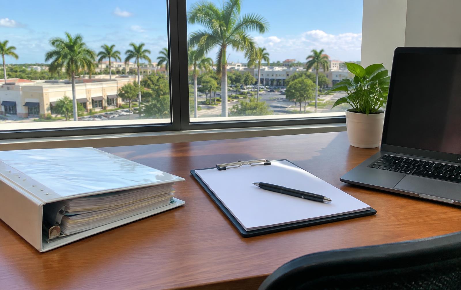 Facility office desk with a response plan binder and clipboard overlooking a Florida commercial district