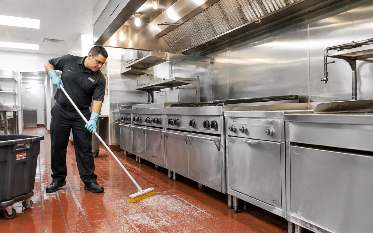 Technician degreasing a stainless steel cookline and scrubbing quarry tile in a commercial kitchen — commercial kitchen cleaning in Riverview, FL by Florida Commercial Cleaning