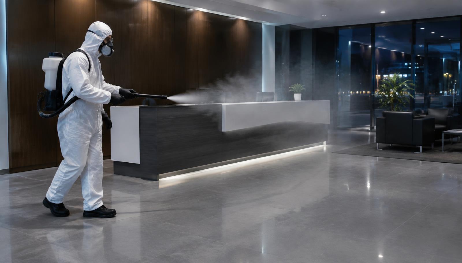 Disinfection technician in protective suit spraying a commercial lobby at night