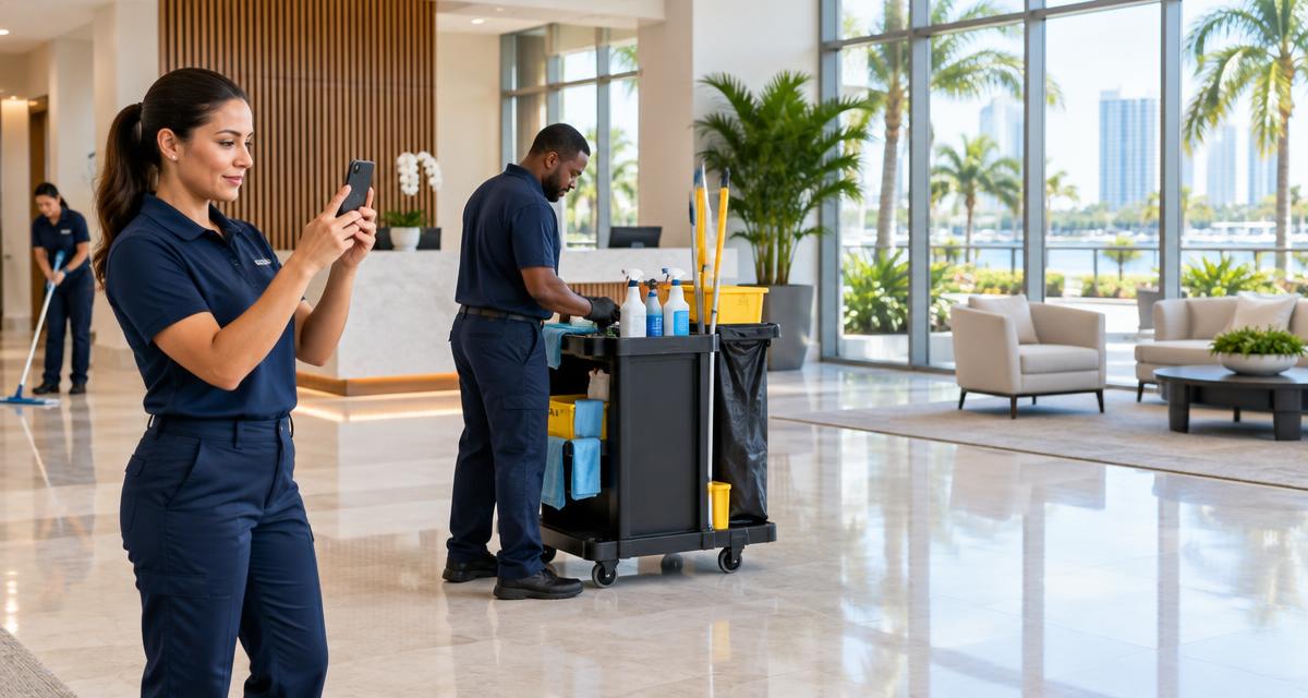Florida Commercial Cleaning crew documenting work in a modern Florida office lobby